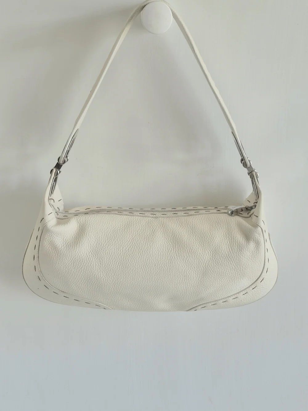 Escada Itaky Cream Pebbled Leather Silver Accents Medium Hobo Shoulder Bag
